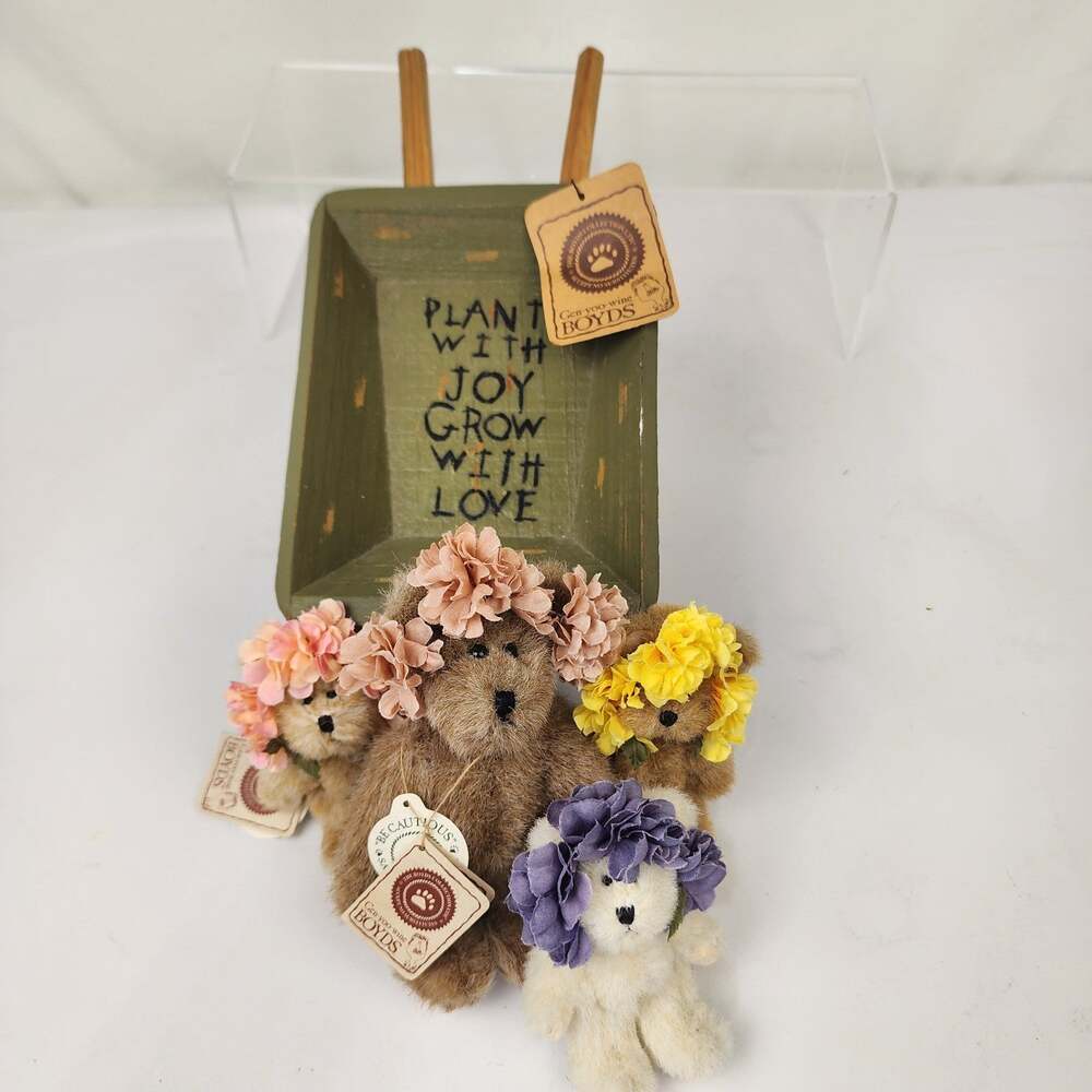 Boyds 4 Garden Bears & Wheelbarrow Mrs Potter Lil Sprouts "Plant w/ Joy Grow..."